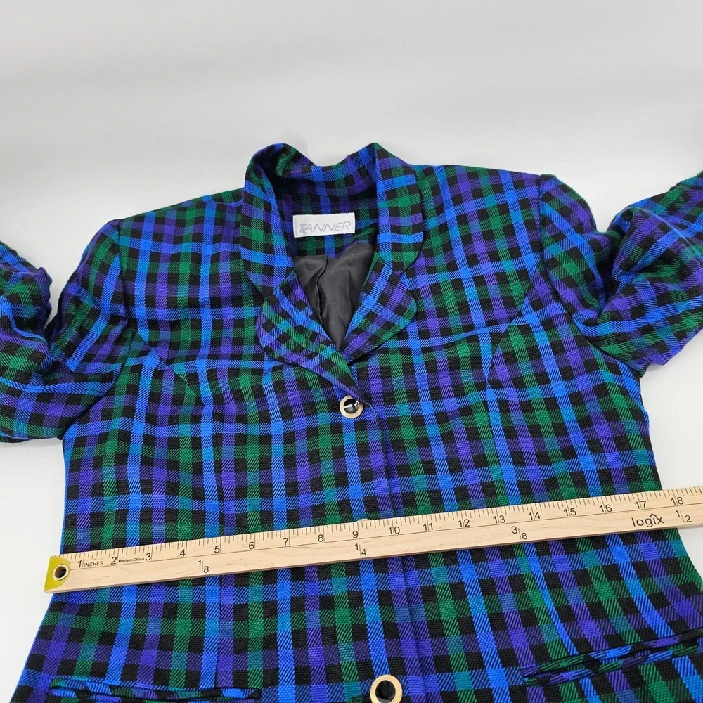 Tanner Skirt Suit 12 Blue Green Purple Plaid Vintage Blazer Skirt Made in USA
